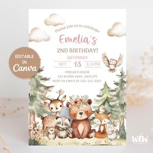 Può includere: Un invito di compleanno a tema bosco con orso, cervo, volpe, gufo e altri animali. L'invito include il testo "Emelia's 2nd Birthday!" e i dettagli della festa. Modificabile in Canva.