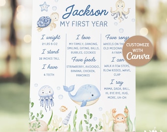 Póster de hitos bajo el mar, plantilla editable de Canva, letrero decorativo para fiesta de cumpleaños infantil con temática náutica y animales marinos, descarga digital