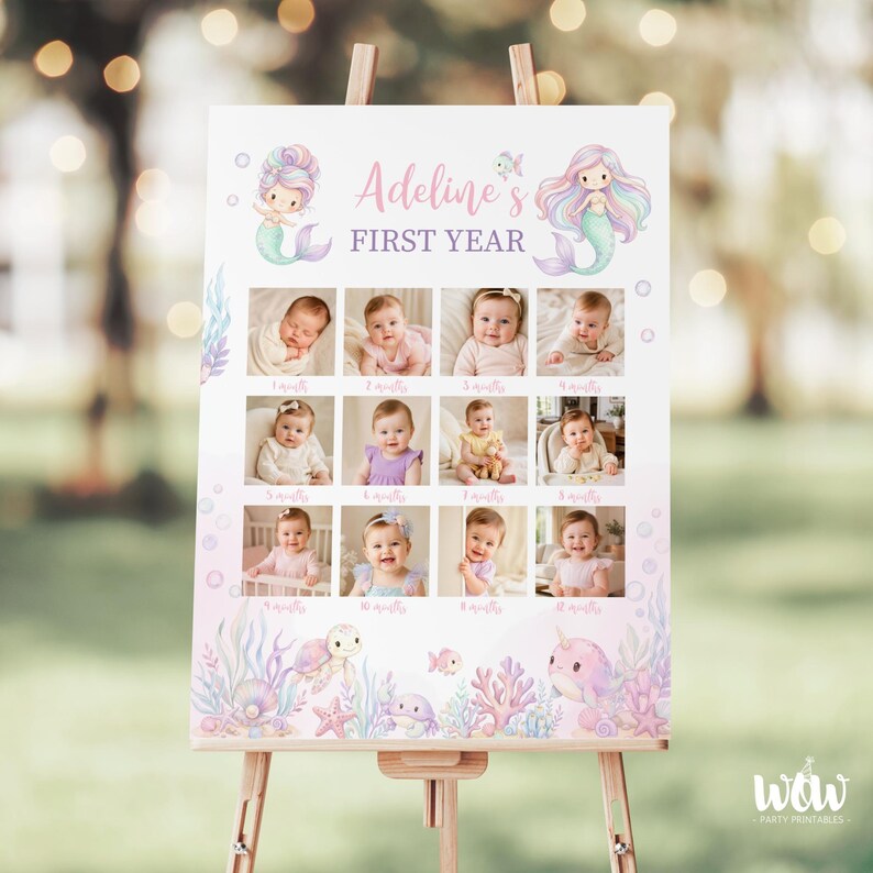 Editable First Year Birthday Milestone Sign, Pink Purple Mermaid Canva ...