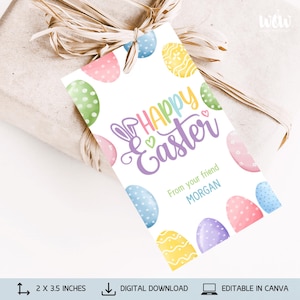 May include: A printable Easter gift tag featuring a purple "Happy Easter" message and colourful Easter egg illustrations. The tag reads "From your friend" and has a space to add a name. The tag measures 2 x 3.5 inches.