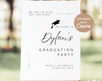 Letrero de bienvenida para fiesta de graduación, plantilla editable de Canva, letrero moderno de graduación de secundaria y universidad, tamaños 16 x 20, 18 x 24, descarga digital
