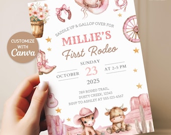Invitación para el primer rodeo, plantilla editable de Canva, invitación de cumpleaños estilo western para niña, salvaje oeste, decoración de cumpleaños de vaquera rosa, DESCARGA DIGITAL