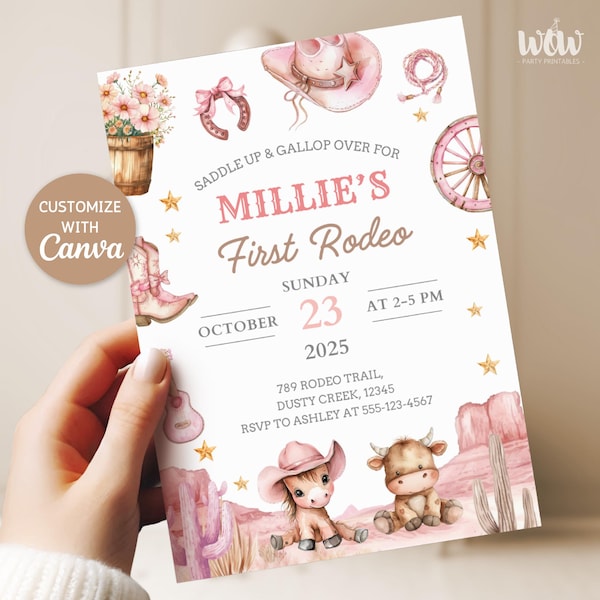 First Rodeo Invitation, Editable Canva Template, Girl Western Birthday Invitation, Wild West, Pink Cowgirl Birthday Decor, DIGITAL DOWNLOAD