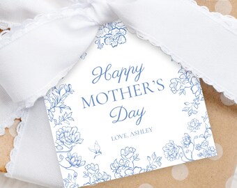Mother's Day Gift Tags, Editable Canva Template, Blue Toile Floral, Mother's Day Cookies Tags, Square Size 2.5x2.5 in, DIGITAL DOWNLOAD