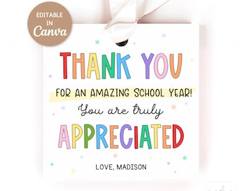 Teacher Appreciation Gift Tags, Editable Canva Template, School Year End Teacher Tag, Size 2.5x2.5 in Square Thank You Tags DIGITAL DOWNLOAD