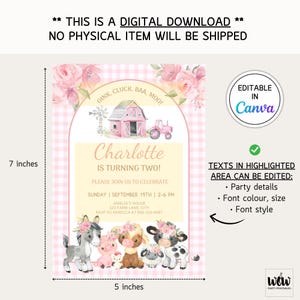 Puede incluir: Una invitaci&oacute;n de descarga digital para una fiesta de segundo cumplea&ntilde;os. El dise&ntilde;o presenta un fondo de cuadros rosa y blanco, con ilustraciones de animales de granja y un granero rosa. La invitaci&oacute;n mide 17,78 cm de alto y 12,7 cm de ancho.