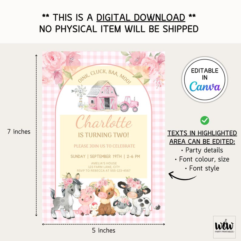 Puede incluir: Una invitaci&oacute;n de descarga digital para una fiesta de segundo cumplea&ntilde;os. El dise&ntilde;o presenta un fondo de cuadros rosa y blanco, con ilustraciones de animales de granja y un granero rosa. La invitaci&oacute;n mide 17,78 cm de alto y 12,7 cm de ancho.