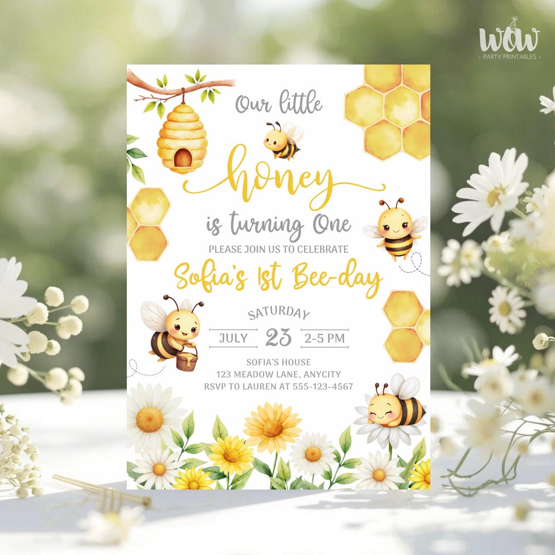 Bee Birthday Invitation, Editable Canva Template, Our Little Honey ...