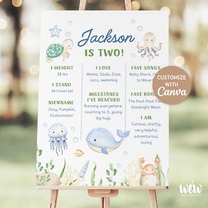 Onder de zee mijlpalen poster, bewerkbare canva-sjabloon, kinderen nautische oceaan thema zeedieren verjaardagsfeestje decor teken, digitale DOWNLOAD