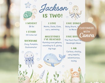 Póster de hitos bajo el mar, plantilla de Canva editable, letrero decorativo para fiesta de cumpleaños con animales marinos con temática náutica para niños, DESCARGA DIGITAL