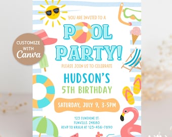 Invitación a fiesta de verano en la piscina, plantilla editable de Canva, fiesta de cumpleaños de verano, invitación a fiesta infantil en la piscina, playa tropical, descarga digital