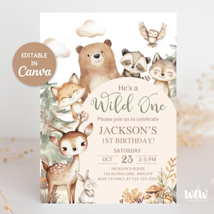 Könnte beinhalten: Eine bezaubernde Einladung zum ersten Geburtstag mit Illustrationen von Waldtieren wie Bär, Fuchs und Reh. Der Text lautet "He's a Wild One" und enthält Party-Details. Das Design ist in Canva editierbar.