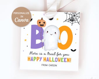 Halloween-presentetiketter, redigerbar Canvas-mall, söta spöken, läskiga godsaker, favoritetiketter, fyrkantiga kaketiketter, digital nedladdning H006