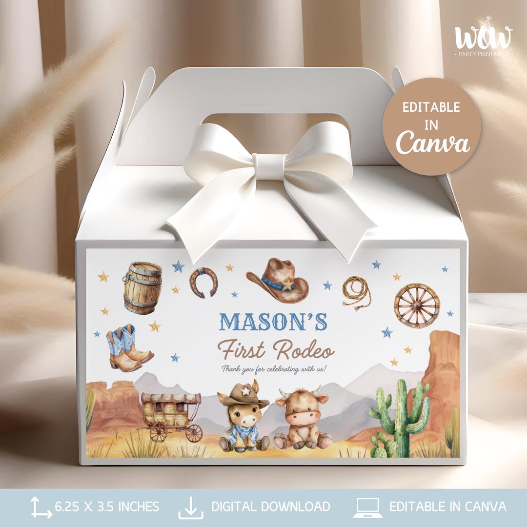 My First Rodeo Birthday Party Favour Gift Box Label, Editable Canva ...