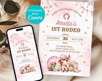 Invitación al primer rodeo, plantilla editable de Canva, invitación de cumpleaños de niña del oeste, salvaje oeste, decoración de cumpleaños de vaquera rosa, DESCARGA DIGITAL