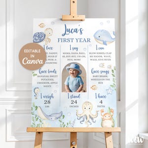 Puede incluir: Un póster personalizado de hitos del primer año con un tema oceánico de acuarela. El póster incluye el nombre del bebé, una foto y detalles como el peso (12,7 kg) y la altura (61 cm).