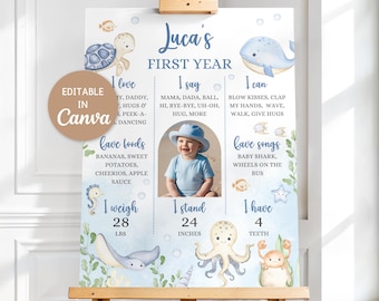 Editable Under the Sea Milestone Poster, Canva Template, First Birthday Ocean Animal Nautical Birthday Party Sign, DIGITAL DOWNLOAD UN003