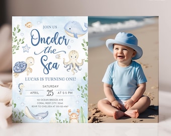 Invitación de cumpleaños "Onder the Sea", plantilla editable de Canva, animales marinos, invitación de cumpleaños infantil con temática náutica horizontal, DESCARGA DIGITAL