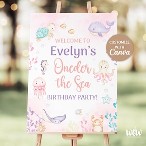 Oneder the Sea Geburtstag Willkommensschild, bearbeitbare Canva Vorlage, Mädchen Nautik Ozean Meerestiere erster Geburtstag Party Dekor, DIGITAL DOWNLOAD