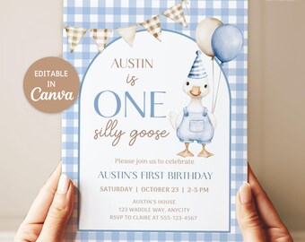 One Silly Goose Party Invitation, Editable Canva Template, Blue Baby First Birthday Invite Template, Silly Goose Decor DIGITAL DOWNLOAD N002