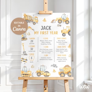 Könnte beinhalten: Ein personalisiertes Poster für das erste Jahr eines Kindes, mit Baumaschinen und dem Text "Jack, My First Year". Das Poster enthält Details wie Gewicht (13.15 kg), Größe (81.28 cm) und Lieblingsdinge.