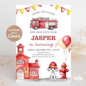 May include: A watercolor-style birthday invitation with a fire truck, Dalmatian, and fire station illustrations. The invitation reads "SOUND THE ALARM AND GRAB YOUR GEAR! JASPER is turning 3!" with event details. Includes a "Customize with Canva" button.