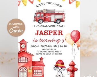 Invitación de cumpleaños de camión de bomberos, plantilla editable de Canva, invitación de cumpleaños para niños, camión de bomberos, descarga digital B001