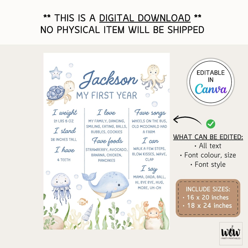 May include: A printable first birthday chart for a boy named Jackson with an ocean theme. The chart includes details about his weight, height, favourite foods, songs, and things he can do. The chart is decorated with watercolour illustrations of an octopus, a whale, a turtle, and a jellyfish.