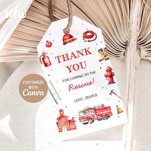 May include: A white tag with a brown string features a firefighter theme. The tag includes the text "THANK YOU FOR COMING TO THE Rescue!" and illustrations of a fire truck, helmet, and other firefighting equipment. The tag also says "LOVE, JASPER".