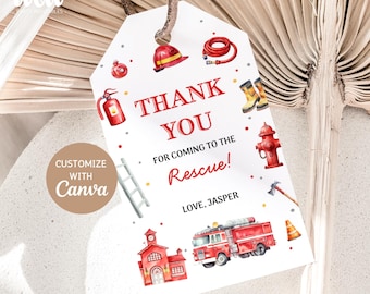 Etiquetas de regalo de cumpleaños de camión de bomberos, plantilla editable de Canva, camión de bomberos, etiquetas para recuerdos de fiesta, tamaño 2 x 3.5 pulgadas, descarga digital B003