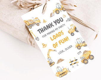 Construction Party Favours Tags, Personalized Printable Tags, Editable Canva Template, Trucks Thank You Treat Bag Gift Tags DIGITAL DOWNLOAD