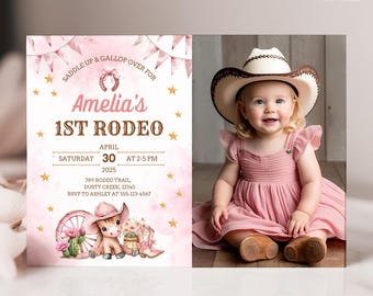 Invitación para primer rodeo, plantilla editable de Canva, invitación de cumpleaños para niña, salvaje oeste, decoración de cumpleaños de vaquera rosa, descarga digital