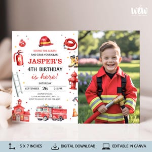 May include: A birthday invitation with a firefighter theme. The invitation features illustrations of fire-related items and the text "JASPER'S 4TH BIRTHDAY is here!" A young boy in a firefighter's uniform is holding a hose. The invitation measures 12.7 x 17.8 cm.