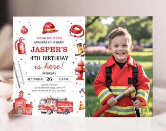 May include: A birthday invitation with a firefighter theme. The invitation features illustrations of fire-related items and the text "JASPER'S 4TH BIRTHDAY is here!" A young boy in a firefighter's uniform is holding a hose. The invitation measures 5 x 7 inches.