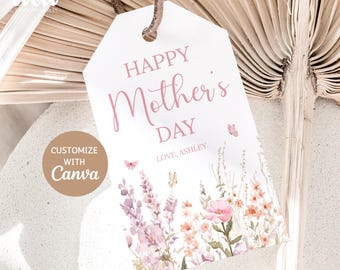 Mother's Day Gift Tags, Editable Canva Template, Pink Purple Wildflowers Mother's Day Cookies Favours Tags, Size 2x3.5 in, DIGITAL DOWNLOAD