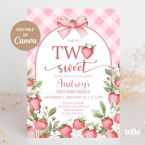 May include: A pink and white strawberry-themed birthday invitation. The invitation features the text "Two Sweet" and "Audrey's 2nd Birthday". The design includes strawberries, flowers, and a pink bow.
