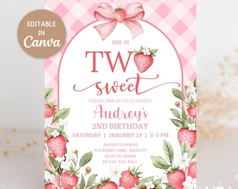 Invitación para segundo cumpleaños, plantilla editable de Canva, fresa a cuadros rosa, para niña, descarga digital G007