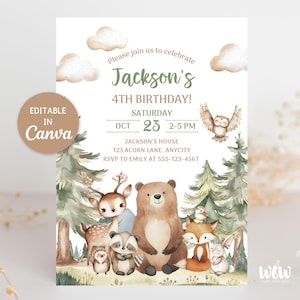 May include: A birthday invitation with a woodland theme. The invitation features watercolor illustrations of forest animals, trees, and clouds. Text includes "Jackson's 4th Birthday!" and event details. The invitation is editable in Canva.