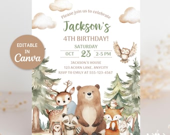 Woodland Animals Birthday Invitation, Editable Canva Template, Forest Wilderness Printable Kids Birthday Party Invite DIGITAL DOWNLOAD WD001