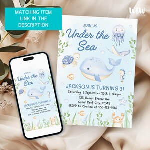 May include: A blue and white invitation for a child's birthday party. The invitation features a whale, a turtle, a jellyfish, a starfish, and a seahorse. The text on the invitation reads "Join us Under the Sea, Jackson is turning 3!"  Saturday, September 25th, 4-6pm, 123 Ocean Breeze Ave, Coral Reef City, 12345, RSVP to Chelsea at 555-123-4567.