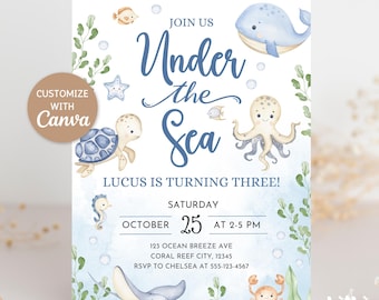 Invitación de cumpleaños bajo el mar, plantilla editable de Canva, animales marinos en acuarela, invitación de cumpleaños infantil náutica oceánica, descarga digital