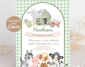 Farm Birthday Invitation, Editable Canva Template, Green Gingham Birthday Invitation, Barnyard Party, Kids Bday Invite DIGITAL DOWNLOAD F002