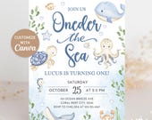 Oneder the Sea Birthday Invitation, Editable Canva Template, Watercolour Sea Animals, Nautical Ocean Kids Birthday Invite, DIGITAL DOWNLOAD