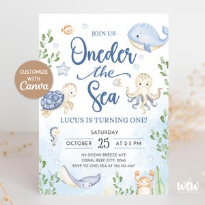 Invito di compleanno Oneder the Sea, modello Canva modificabile, animali marini acquerellati, invito di compleanno per bambini con tema oceano nautico, DOWNLOAD DIGITALE