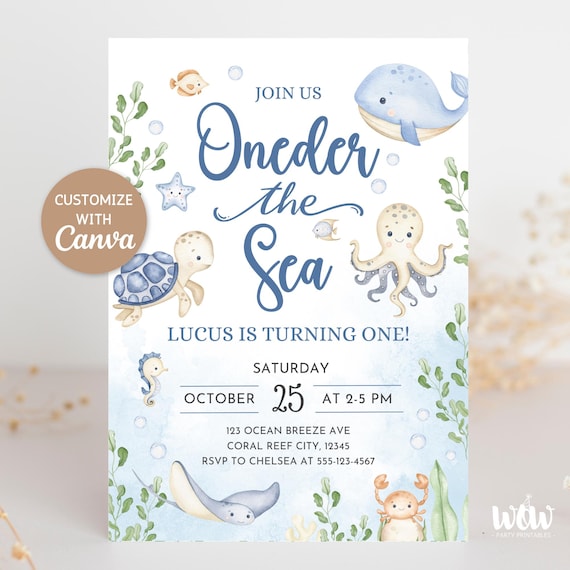 Oneder the Sea Birthday Invitation, Editable Canva Template, Watercolour Sea Animals, Nautical Ocean Kids Birthday Invite, DIGITAL DOWNLOAD