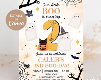 Little Boo is Turning Two Halloween 2nd Birthday Invitation, Editable Canva Template, Ghosts Pumpkin Kids Party Invite DIGITAL DOWNLOAD H004