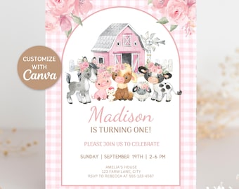 May include: A pink and white gingham-patterned invitation with a watercolor illustration of a barn, windmill, and farm animals. The text reads "Madison is turning one!" and includes event details. A circular button in the upper left corner says "Customize with Canva."