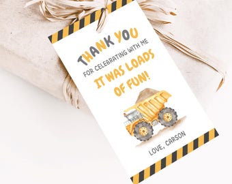 Construction Party Favours Tags, Personalized Printable Tags, Editable Canva Template, Trucks Thank You Treat Bag Gift Tags DIGITAL DOWNLOAD
