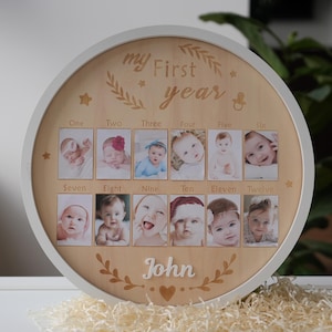 Personalized Baby&#39;s First Year Photo Frame: Wooden Milestone Board, Nursery Decor