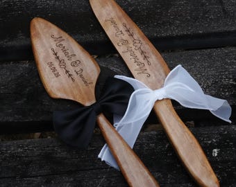 Customed Wooden Cake Knife and Server Set,Wedding Cake Cutting Set,Engraved Tableware Set Keepsake,Cutlery Gift for Bride and Groom
